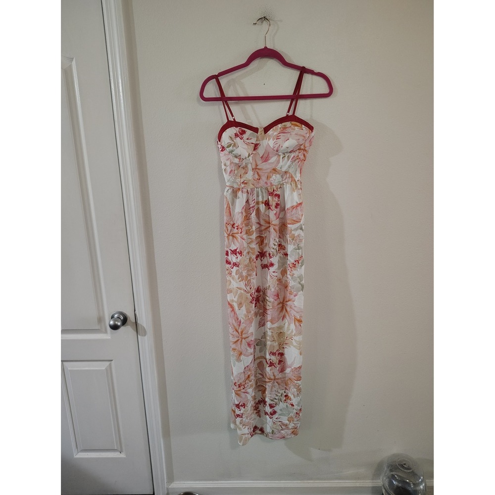 Land of the Free Floral Bustier Maxi Dress Pink Orange Tropical Smocked Back M